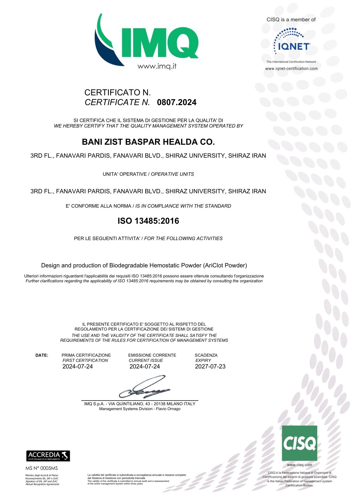 ISO 13485:2016 Certificate